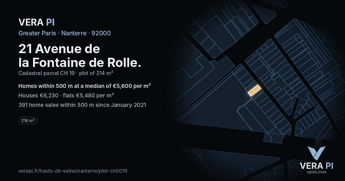 21 Avenue de la Fontaine de Rolle, Nanterre at night – the plot lit, the parcels around coloured by the prices near them