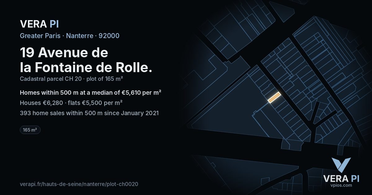 19 Avenue de la Fontaine de Rolle, Nanterre at night – the plot lit, the parcels around coloured by the prices near them