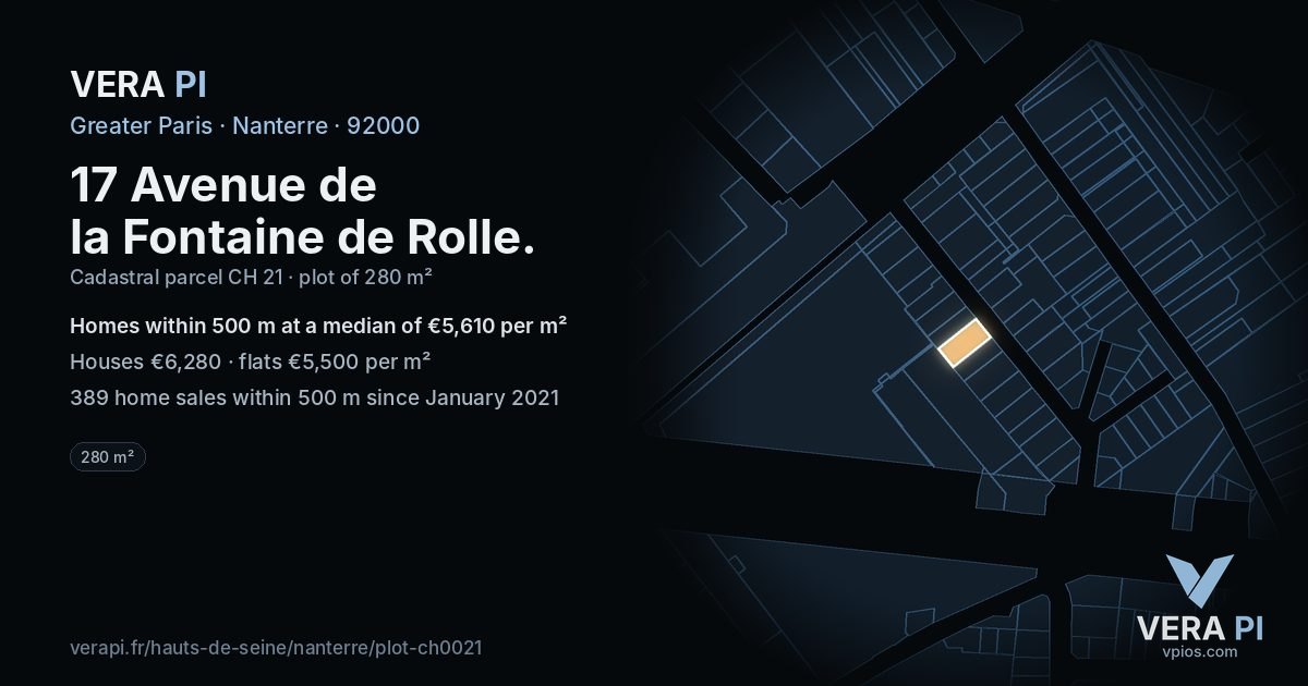 17 Avenue de la Fontaine de Rolle, Nanterre at night – the plot lit, the parcels around coloured by the prices near them