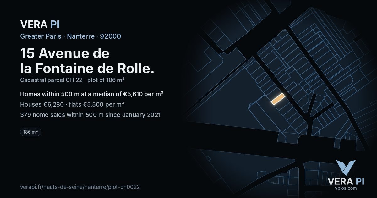 15 Avenue de la Fontaine de Rolle, Nanterre at night – the plot lit, the parcels around coloured by the prices near them