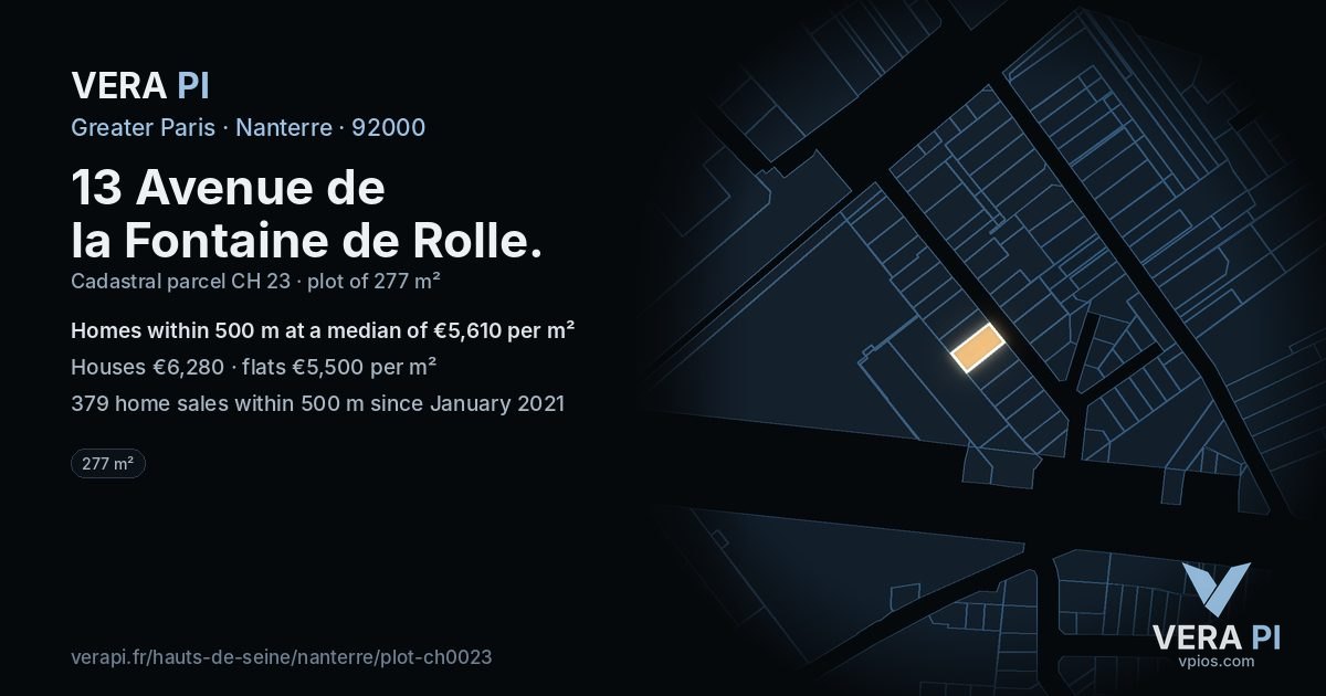 13 Avenue de la Fontaine de Rolle, Nanterre at night – the plot lit, the parcels around coloured by the prices near them
