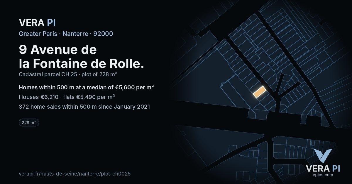 9 Avenue de la Fontaine de Rolle, Nanterre at night – the plot lit, the parcels around coloured by the prices near them