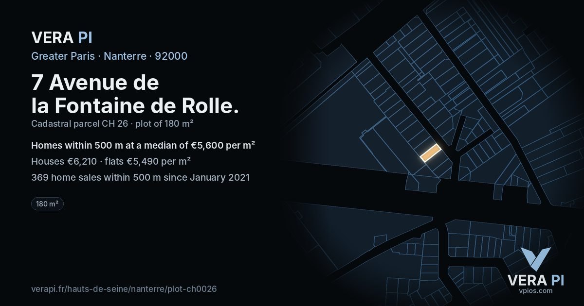 7 Avenue de la Fontaine de Rolle, Nanterre at night – the plot lit, the parcels around coloured by the prices near them