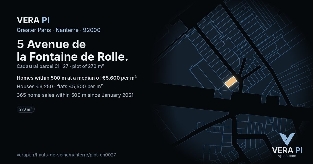 5 Avenue de la Fontaine de Rolle, Nanterre at night – the plot lit, the parcels around coloured by the prices near them