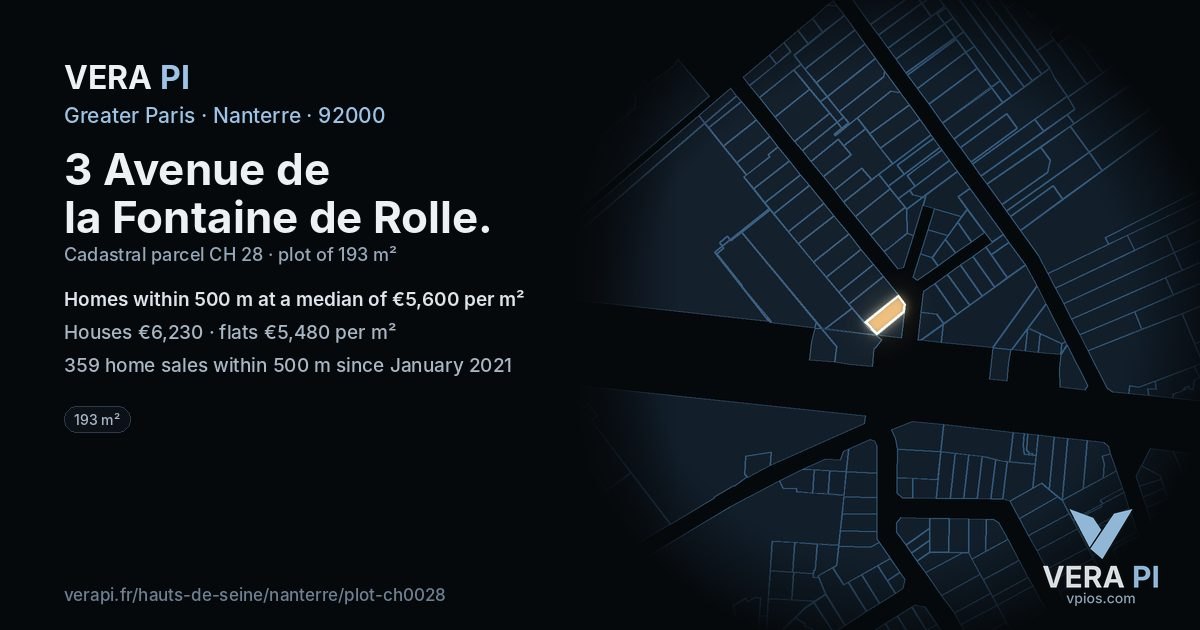 3 Avenue de la Fontaine de Rolle, Nanterre at night – the plot lit, the parcels around coloured by the prices near them