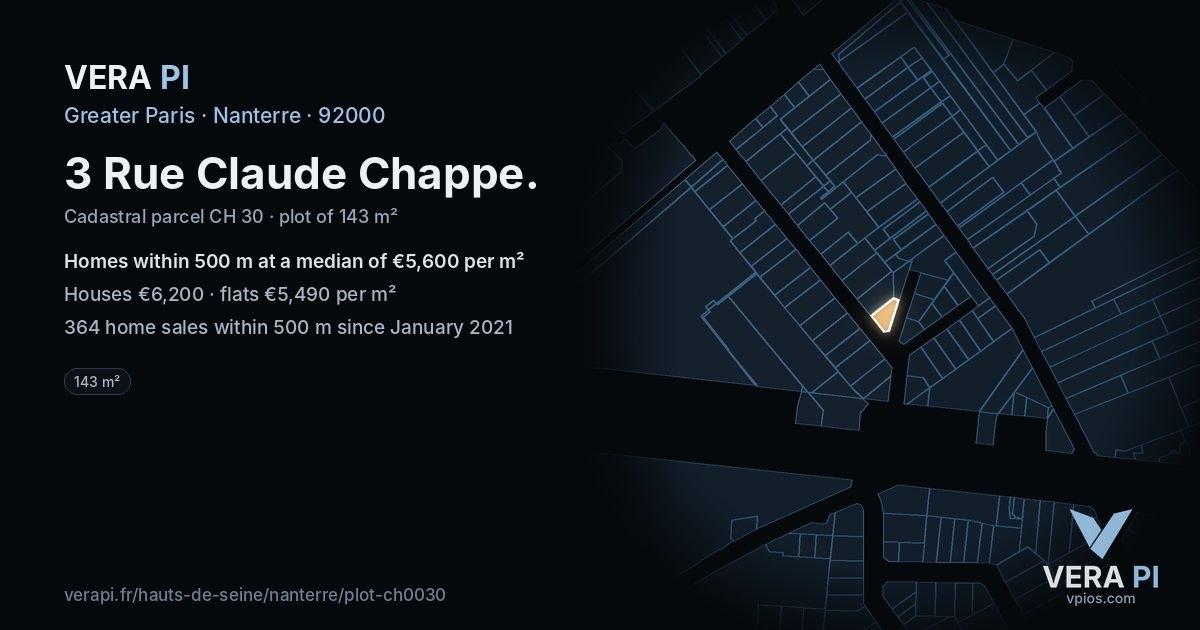 3 Rue Claude Chappe, Nanterre at night – the plot lit, the parcels around coloured by the prices near them