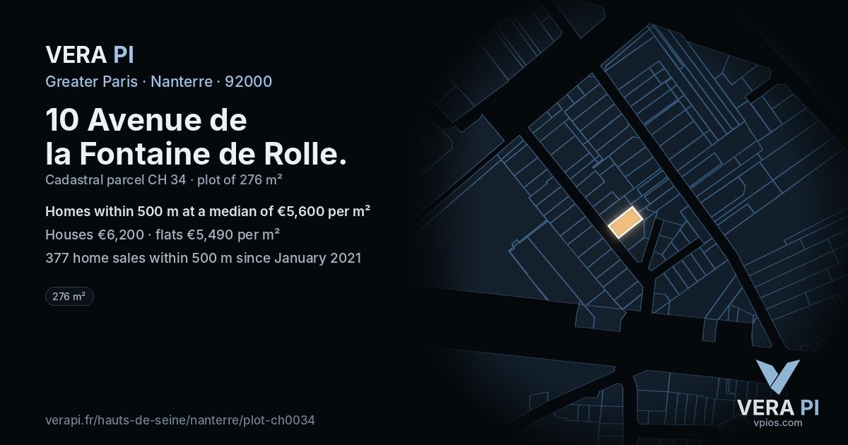 10 Avenue de la Fontaine de Rolle, Nanterre at night – the plot lit, the parcels around coloured by the prices near them