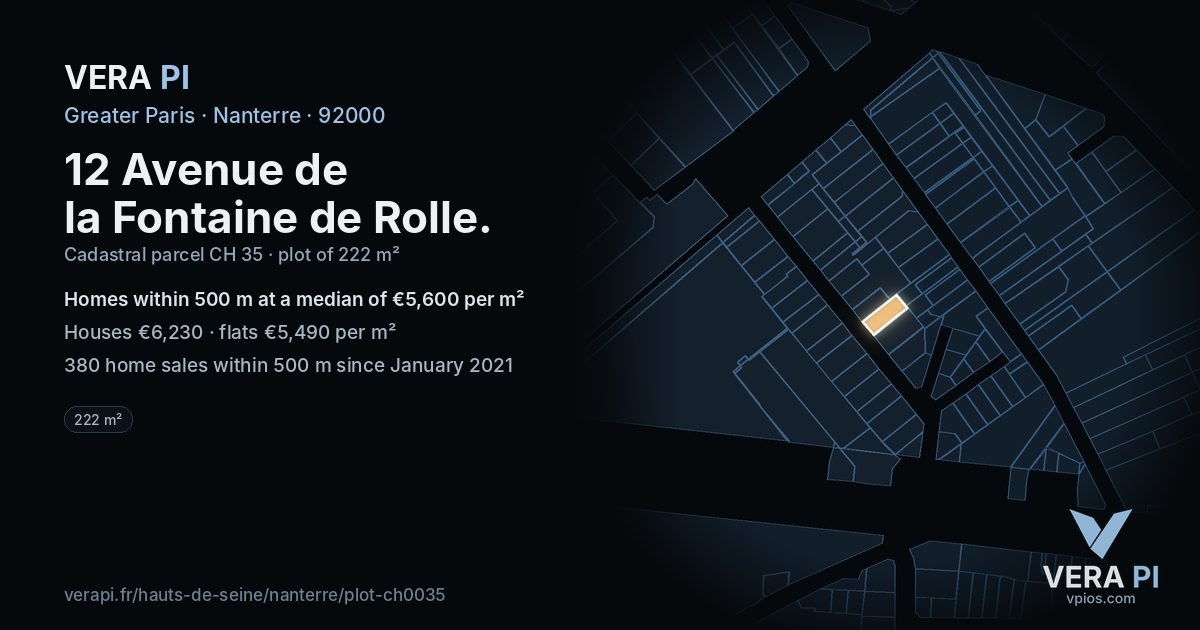 12 Avenue de la Fontaine de Rolle, Nanterre at night – the plot lit, the parcels around coloured by the prices near them