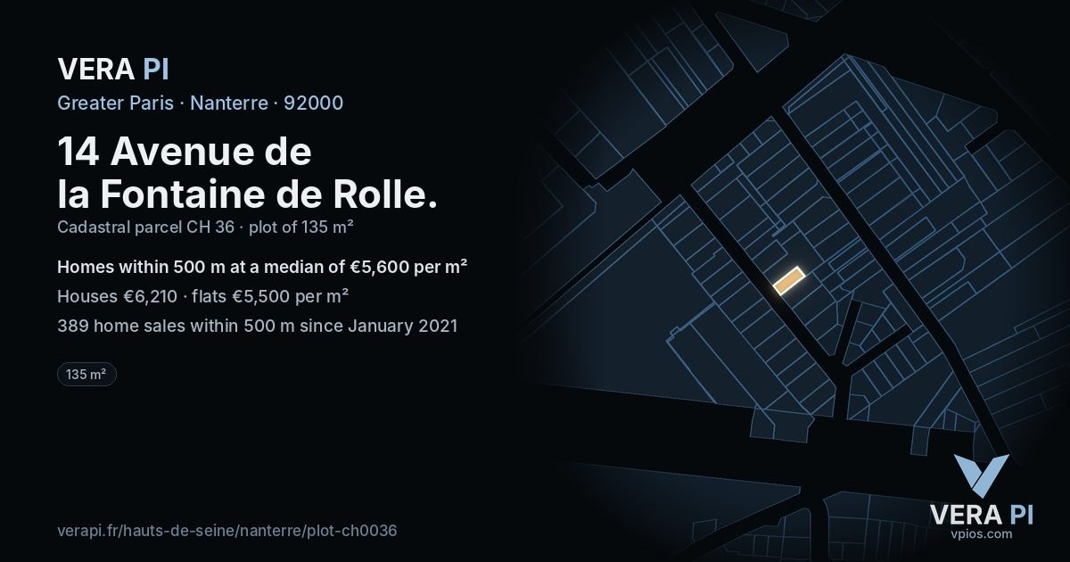 14 Avenue de la Fontaine de Rolle, Nanterre at night – the plot lit, the parcels around coloured by the prices near them