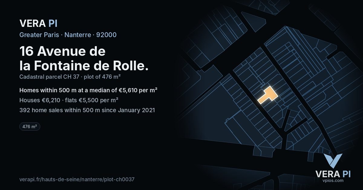 16 Avenue de la Fontaine de Rolle, Nanterre at night – the plot lit, the parcels around coloured by the prices near them