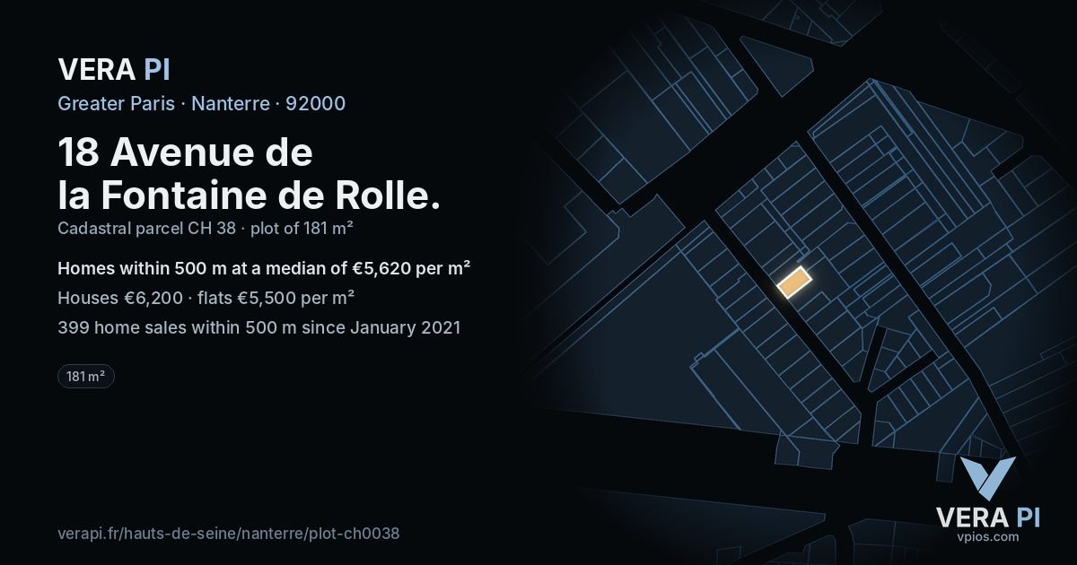 18 Avenue de la Fontaine de Rolle, Nanterre at night – the plot lit, the parcels around coloured by the prices near them