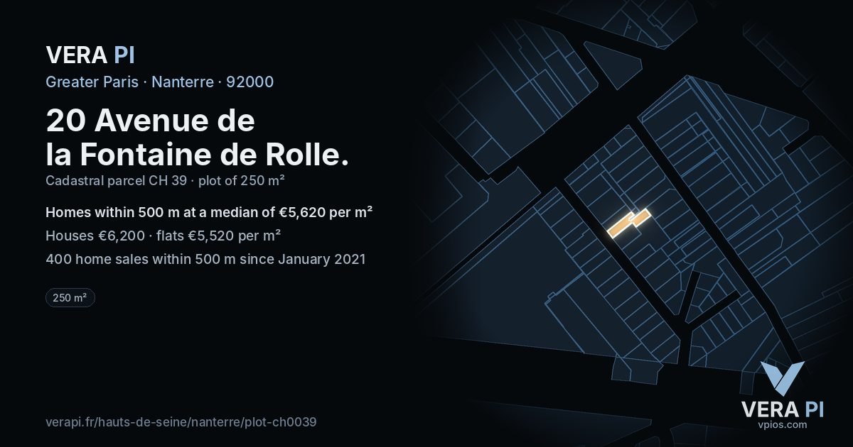 20 Avenue de la Fontaine de Rolle, Nanterre at night – the plot lit, the parcels around coloured by the prices near them