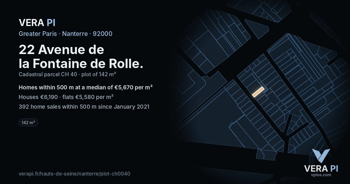22 Avenue de la Fontaine de Rolle, Nanterre at night – the plot lit, the parcels around coloured by the prices near them