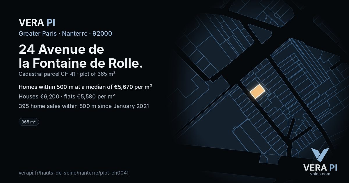 24 Avenue de la Fontaine de Rolle, Nanterre at night – the plot lit, the parcels around coloured by the prices near them