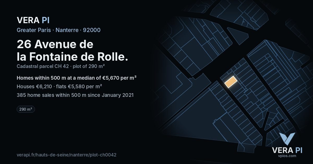 26 Avenue de la Fontaine de Rolle, Nanterre at night – the plot lit, the parcels around coloured by the prices near them