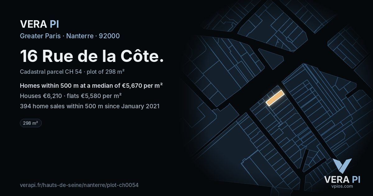 16 Rue de la Côte, Nanterre at night – the plot lit, the parcels around coloured by the prices near them