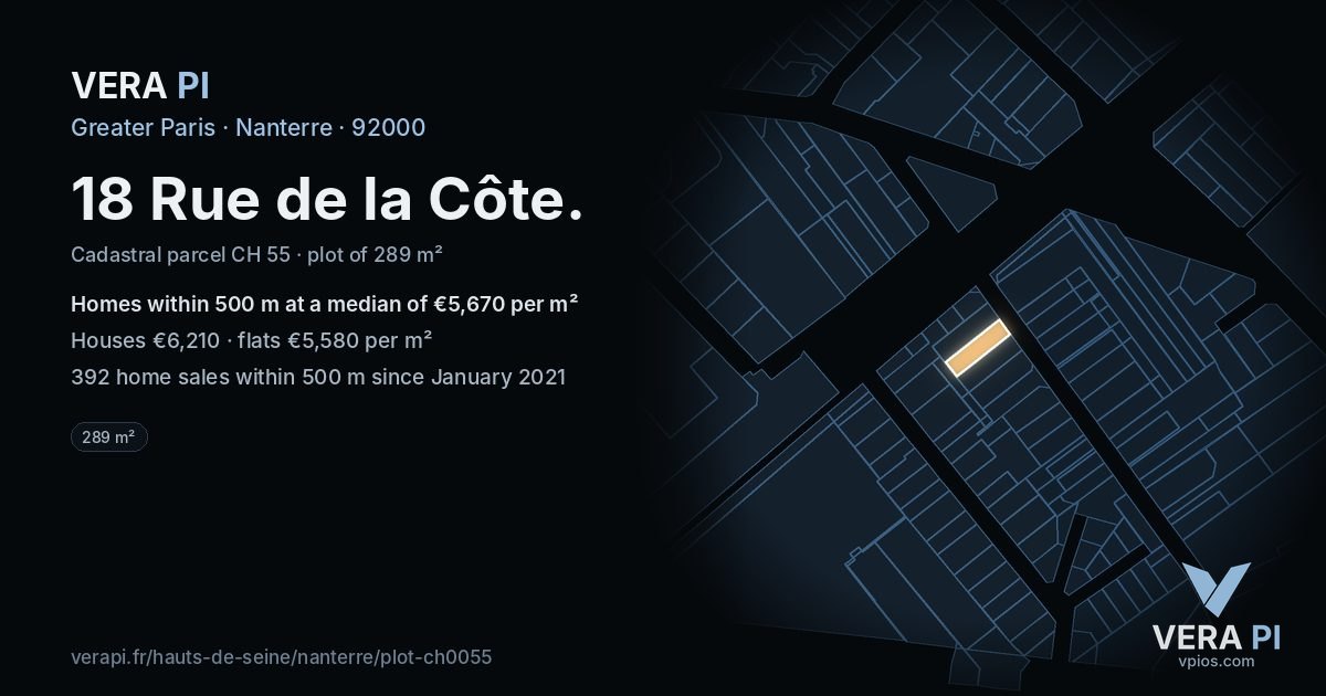 18 Rue de la Côte, Nanterre at night – the plot lit, the parcels around coloured by the prices near them
