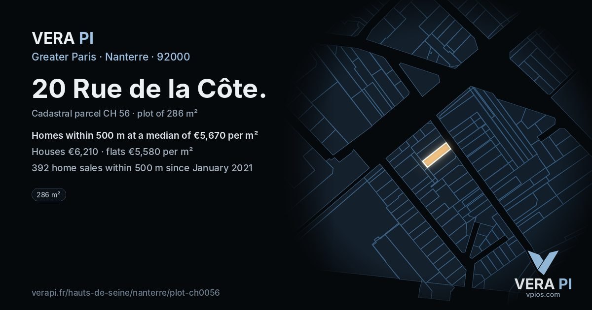 20 Rue de la Côte, Nanterre at night – the plot lit, the parcels around coloured by the prices near them