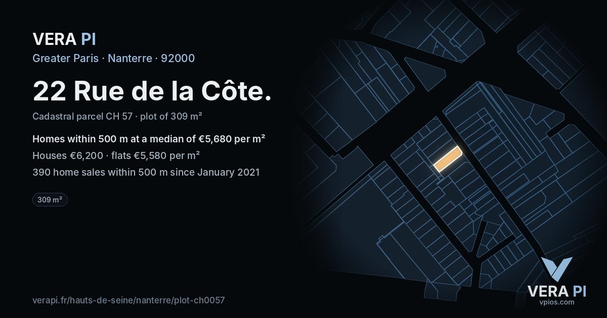 22 Rue de la Côte, Nanterre at night – the plot lit, the parcels around coloured by the prices near them
