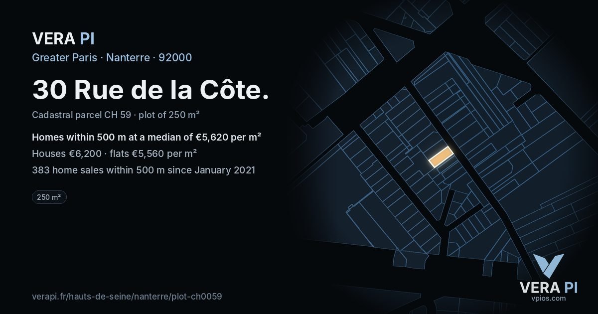 30 Rue de la Côte, Nanterre at night – the plot lit, the parcels around coloured by the prices near them