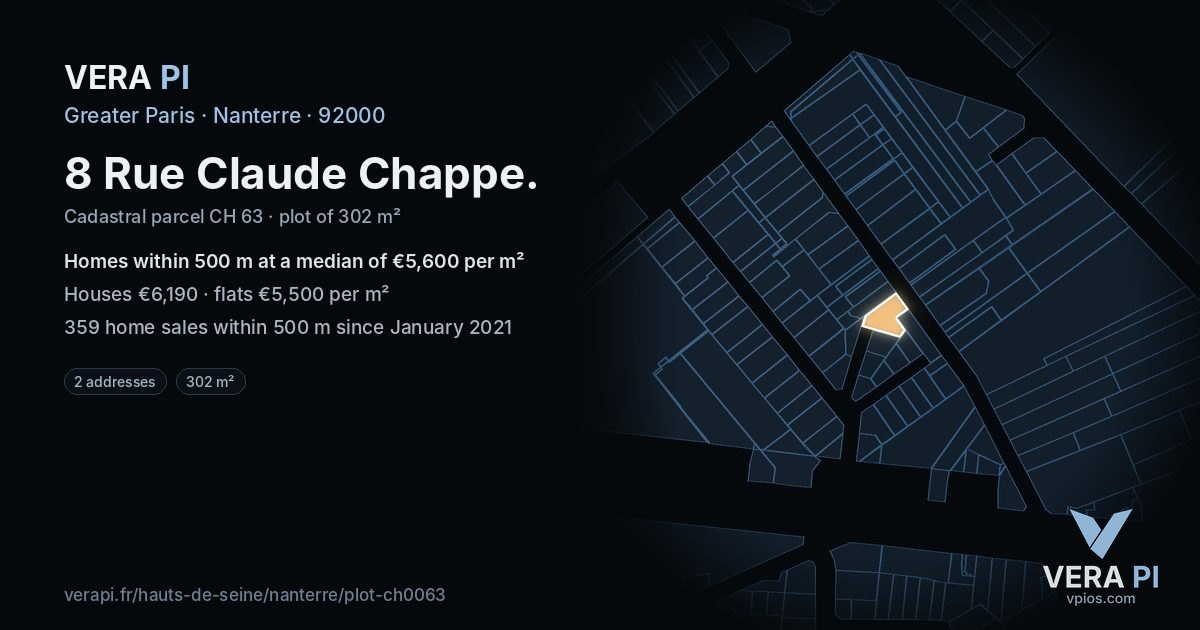 8 Rue Claude Chappe, Nanterre at night – the plot lit, the parcels around coloured by the prices near them