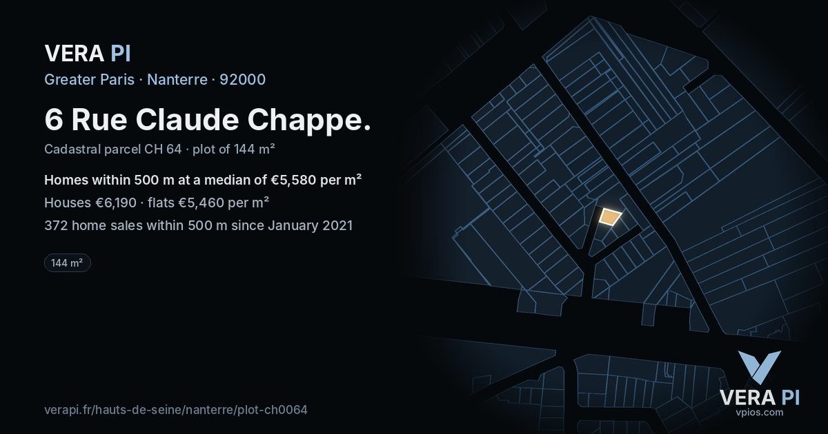 6 Rue Claude Chappe, Nanterre at night – the plot lit, the parcels around coloured by the prices near them