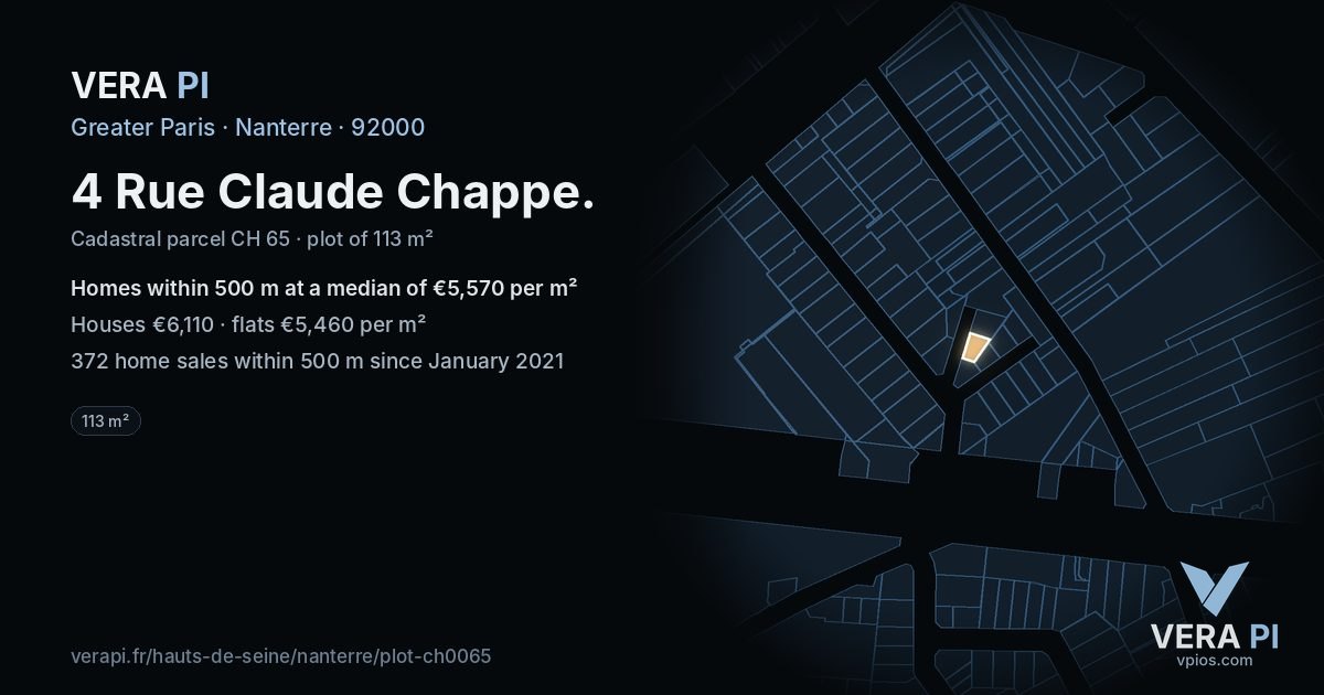 4 Rue Claude Chappe, Nanterre at night – the plot lit, the parcels around coloured by the prices near them
