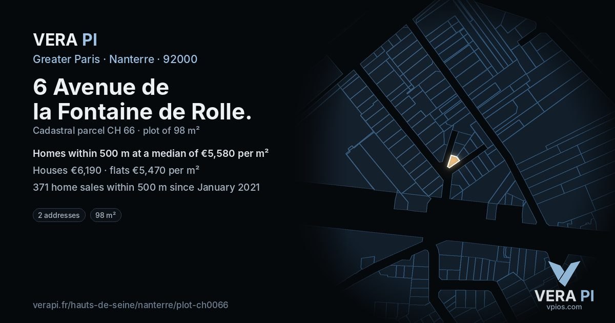 6 Avenue de la Fontaine de Rolle, Nanterre at night – the plot lit, the parcels around coloured by the prices near them