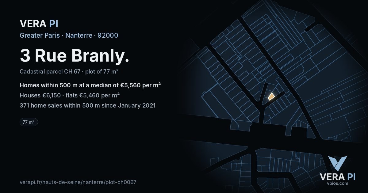 3 Rue Branly, Nanterre at night – the plot lit, the parcels around coloured by the prices near them