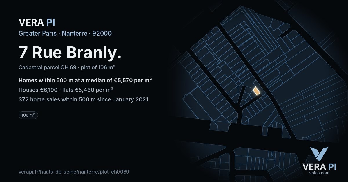 7 Rue Branly, Nanterre at night – the plot lit, the parcels around coloured by the prices near them