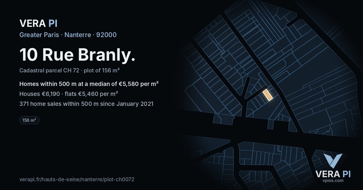 10 Rue Branly, Nanterre at night – the plot lit, the parcels around coloured by the prices near them