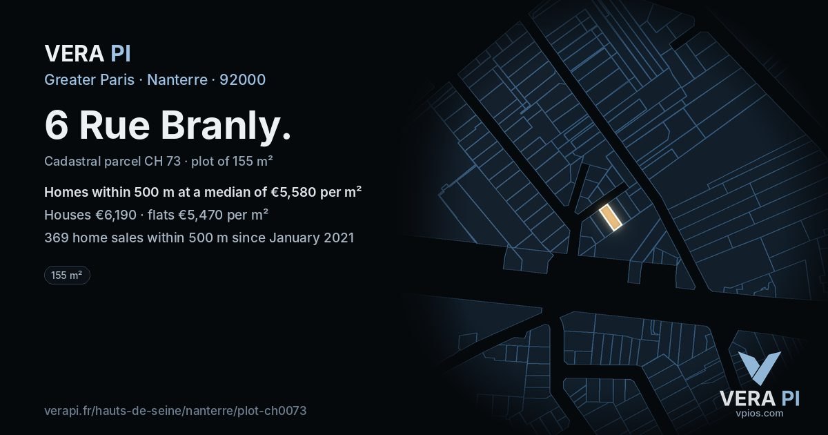 6 Rue Branly, Nanterre at night – the plot lit, the parcels around coloured by the prices near them