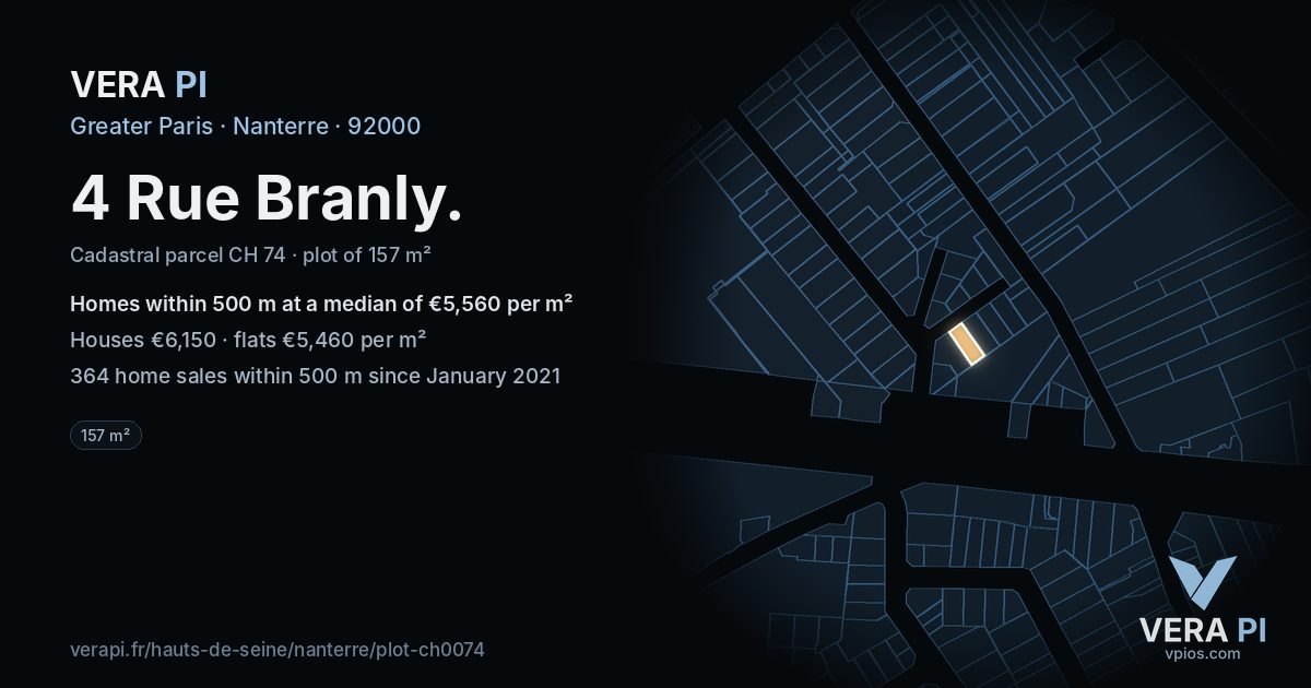 4 Rue Branly, Nanterre at night – the plot lit, the parcels around coloured by the prices near them