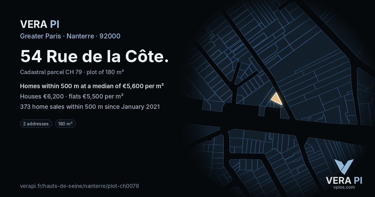 54 Rue de la Côte, Nanterre at night – the plot lit, the parcels around coloured by the prices near them