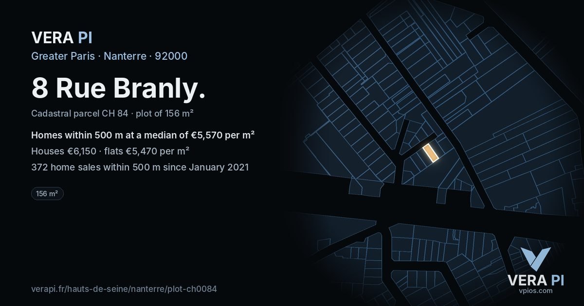 8 Rue Branly, Nanterre at night – the plot lit, the parcels around coloured by the prices near them