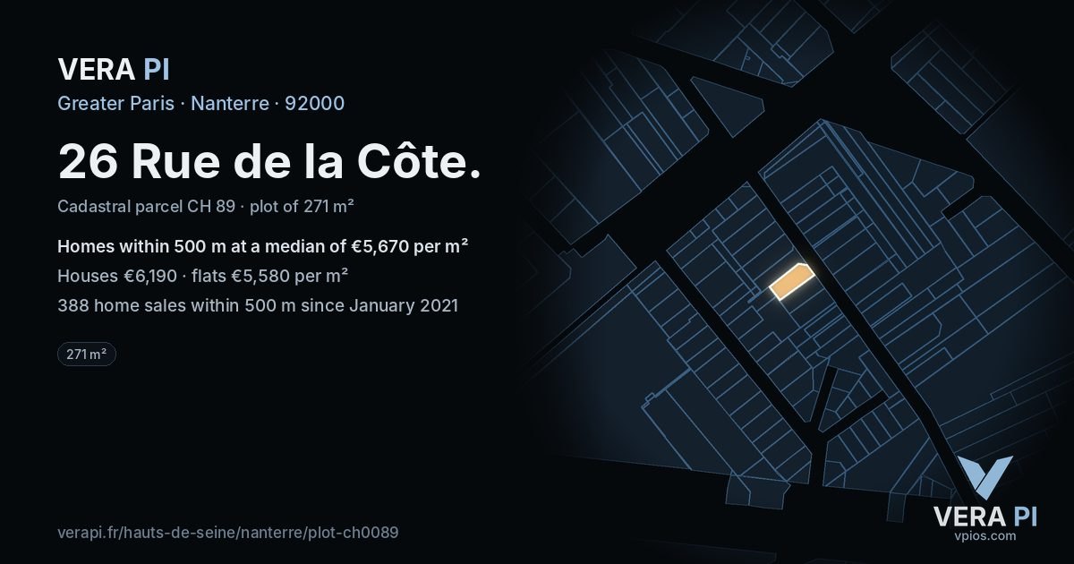 26 Rue de la Côte, Nanterre at night – the plot lit, the parcels around coloured by the prices near them