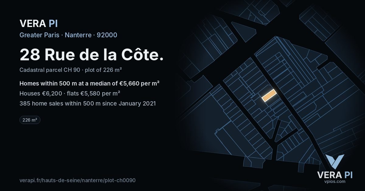 28 Rue de la Côte, Nanterre at night – the plot lit, the parcels around coloured by the prices near them