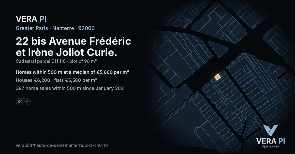 22 bis Avenue Frédéric et Irène Joliot Curie, Nanterre at night – the plot lit, the parcels around coloured by the prices near them