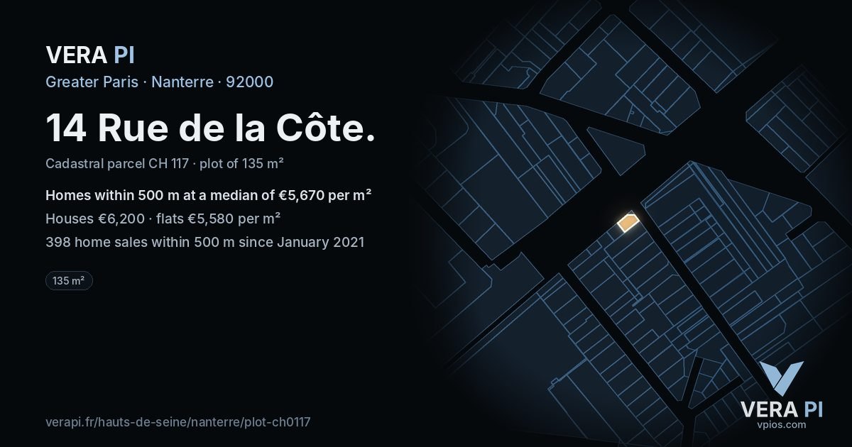 14 Rue de la Côte, Nanterre at night – the plot lit, the parcels around coloured by the prices near them