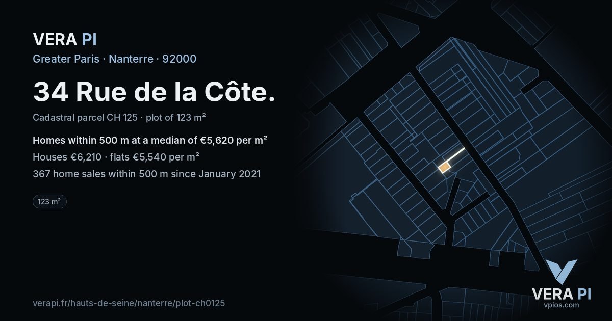 34 Rue de la Côte, Nanterre at night – the plot lit, the parcels around coloured by the prices near them