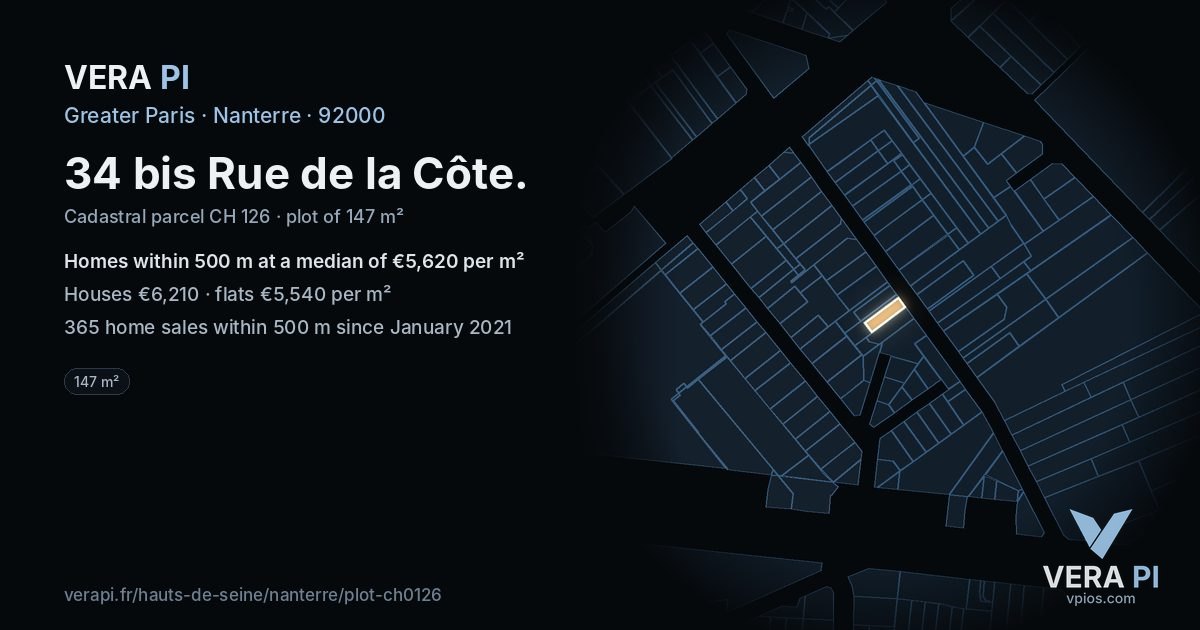 34 bis Rue de la Côte, Nanterre at night – the plot lit, the parcels around coloured by the prices near them