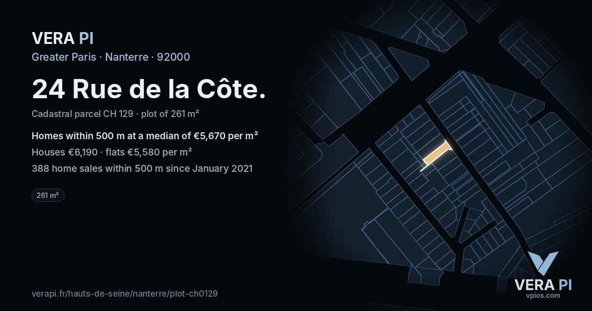 24 Rue de la Côte, Nanterre at night – the plot lit, the parcels around coloured by the prices near them