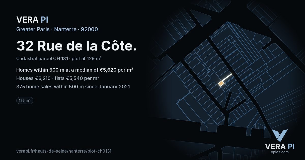 32 Rue de la Côte, Nanterre at night – the plot lit, the parcels around coloured by the prices near them