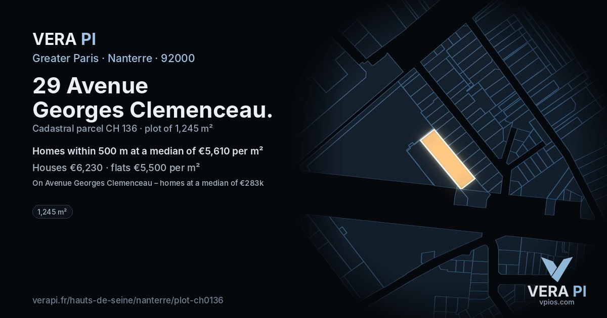 29 Avenue Georges Clemenceau, Nanterre at night – the plot lit, the parcels around coloured by the prices near them