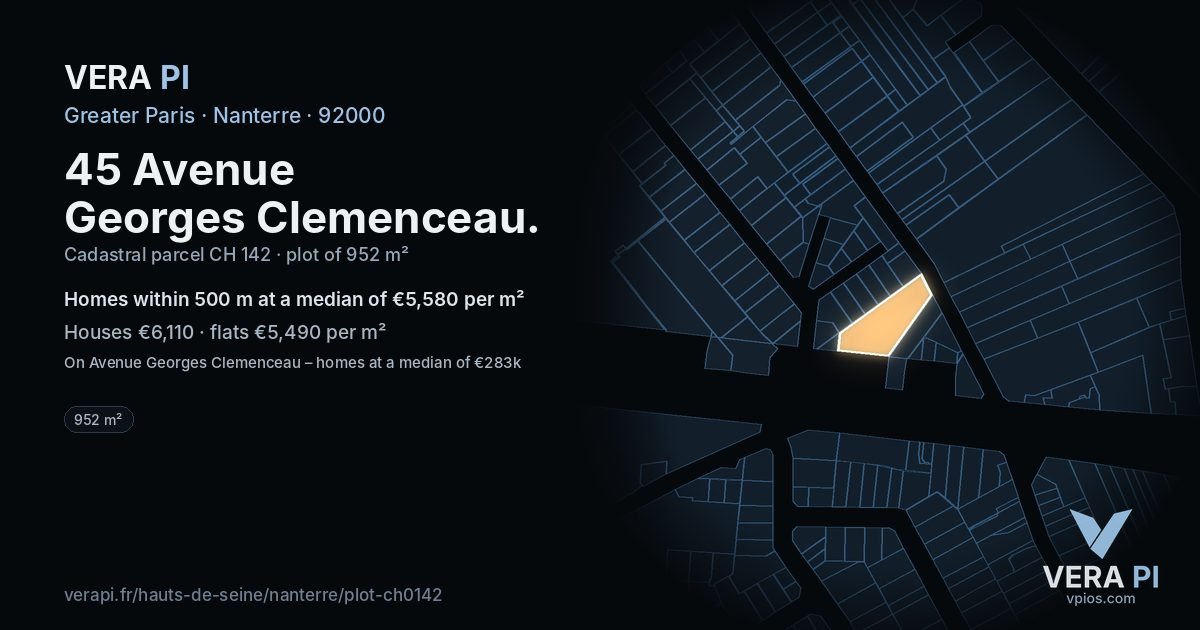 45 Avenue Georges Clemenceau, Nanterre at night – the plot lit, the parcels around coloured by the prices near them
