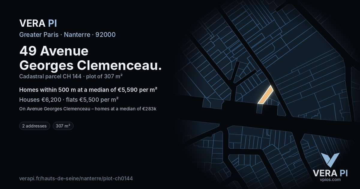 49 Avenue Georges Clemenceau, Nanterre at night – the plot lit, the parcels around coloured by the prices near them