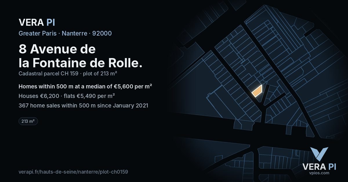 8 Avenue de la Fontaine de Rolle, Nanterre at night – the plot lit, the parcels around coloured by the prices near them