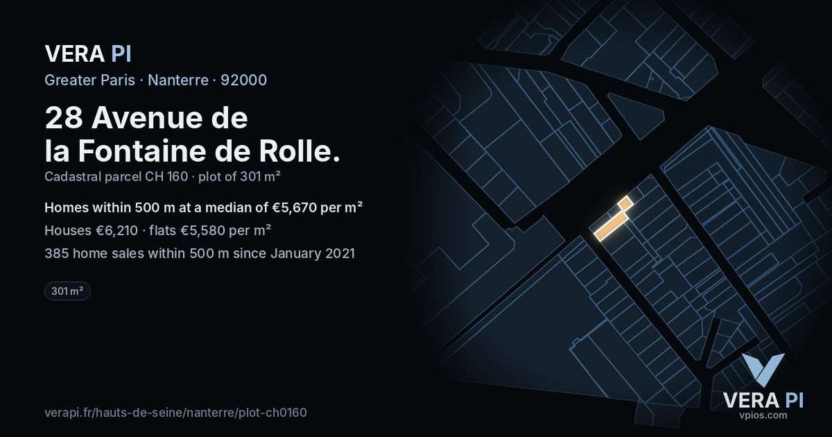 28 Avenue de la Fontaine de Rolle, Nanterre at night – the plot lit, the parcels around coloured by the prices near them