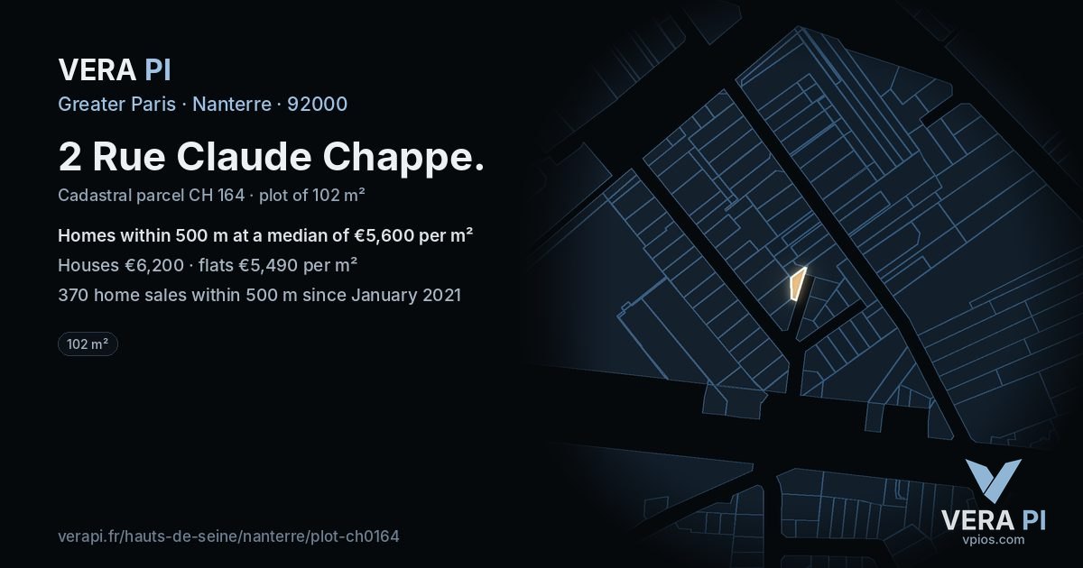2 Rue Claude Chappe, Nanterre at night – the plot lit, the parcels around coloured by the prices near them