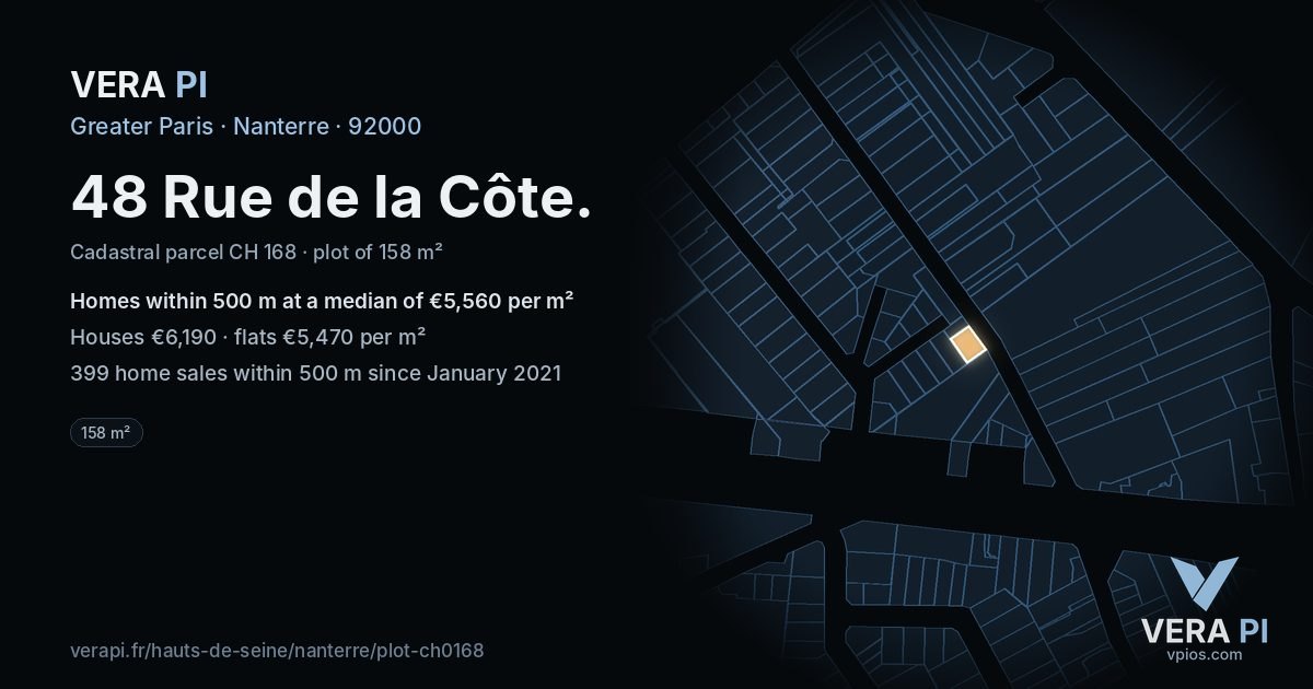 48 Rue de la Côte, Nanterre at night – the plot lit, the parcels around coloured by the prices near them